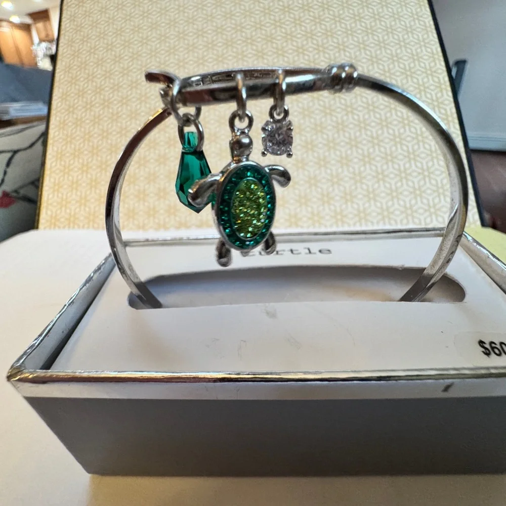 NWT NIB Silver Bracelet Crystal TURTLE Charm, Green/blue tear drop & CZ Orig $60 - Picture 7 of 15